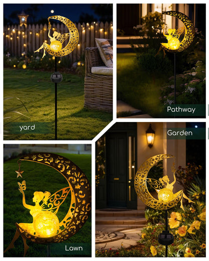Vuees Solar Garden Statues Outdoor Decor, Fairy Moon Figurine Light Stake, Housewarming Ornament for Patio, Lawn, Yard, Pathway - Unique Gift Ideas for Gardening Mom Grandma