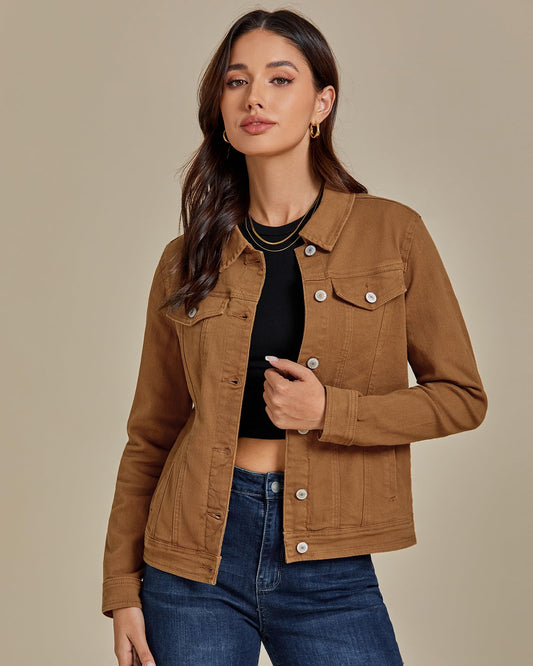 luvamia Women's Classic Casual Long Sleeves Jacket Basic Button Down Trucker Jacket Coat Brown Size Medium