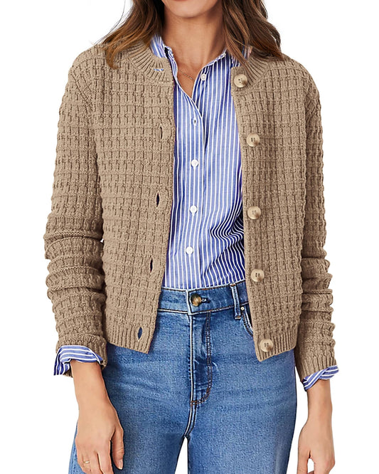 PRETTYGARDEN Women's Knit Cardigan Sweaters Casual Long Sleeve Open Front Button Down Trendy Jackets Outerwear (Camel,Large)