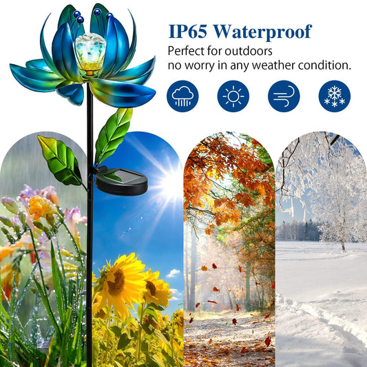 Solar Garden Lights Metal Flower Decor, Colorful Spinning Windmill Lotus Pathway Ligths with LED Cracked Crystal Ball Outdoor Decorative Stake Lighting Waterproof Flower Sculpture for Patio Yard