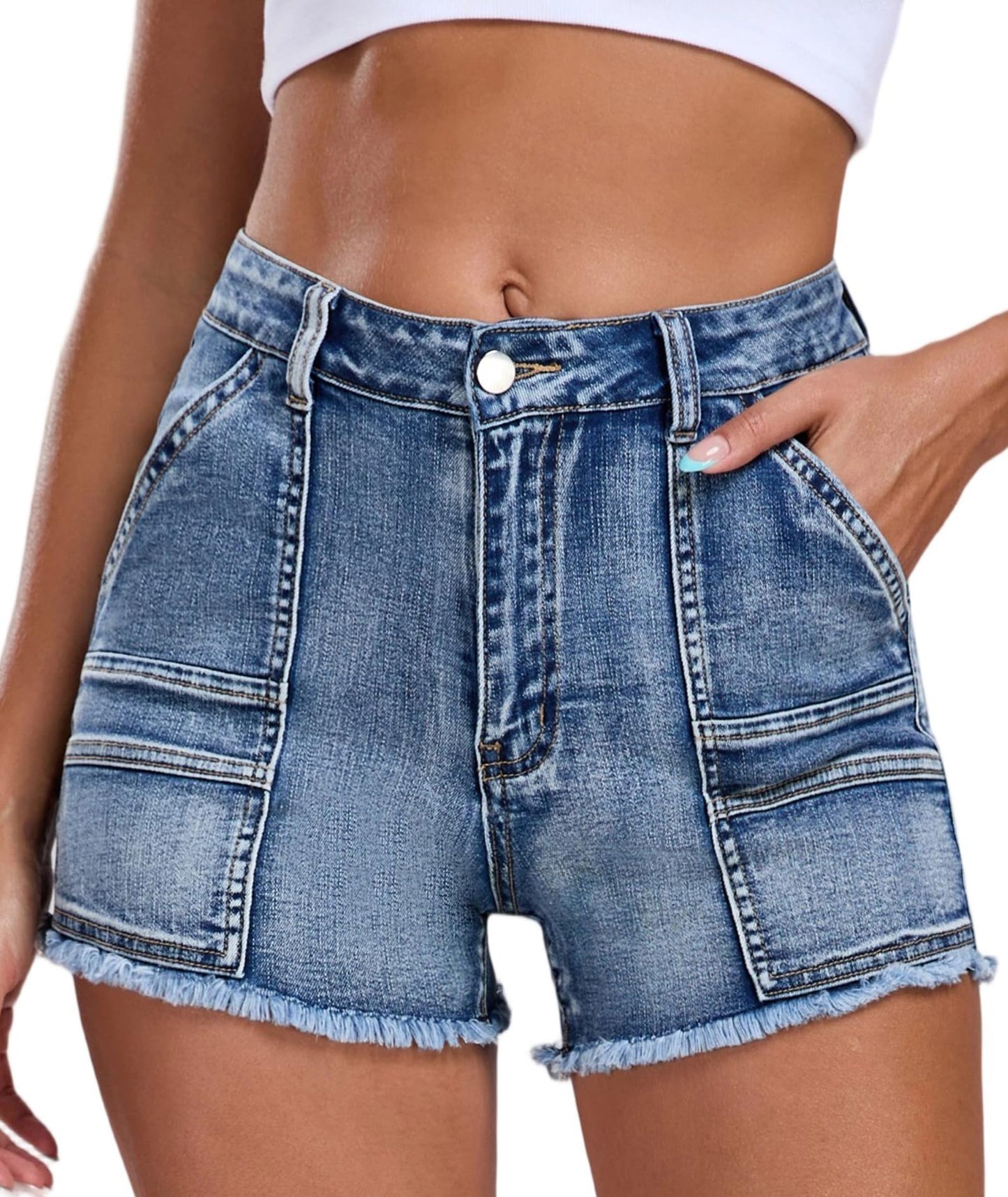 Aotasely 2025 Women's Stretchy Cargo Denim Shorts Mid Rise Jean Shorts Raw Hem Jorts with Pockets Short Jeans 3.5" Inseam
