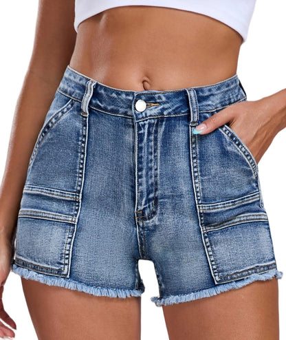 Aotasely 2025 Women's Stretchy Cargo Denim Shorts Mid Rise Jean Shorts Raw Hem Jorts with Pockets Short Jeans 3.5" Inseam