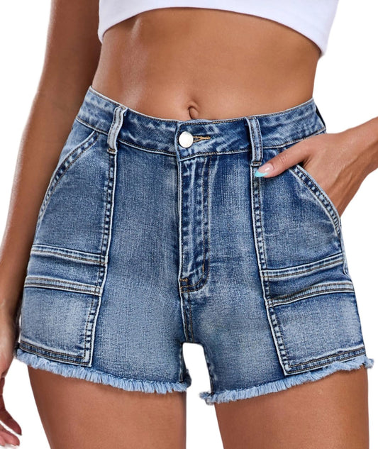 Aotasely 2025 Women's Stretchy Cargo Denim Shorts Mid Rise Jean Shorts Raw Hem Jorts with Pockets Short Jeans 3.5" Inseam