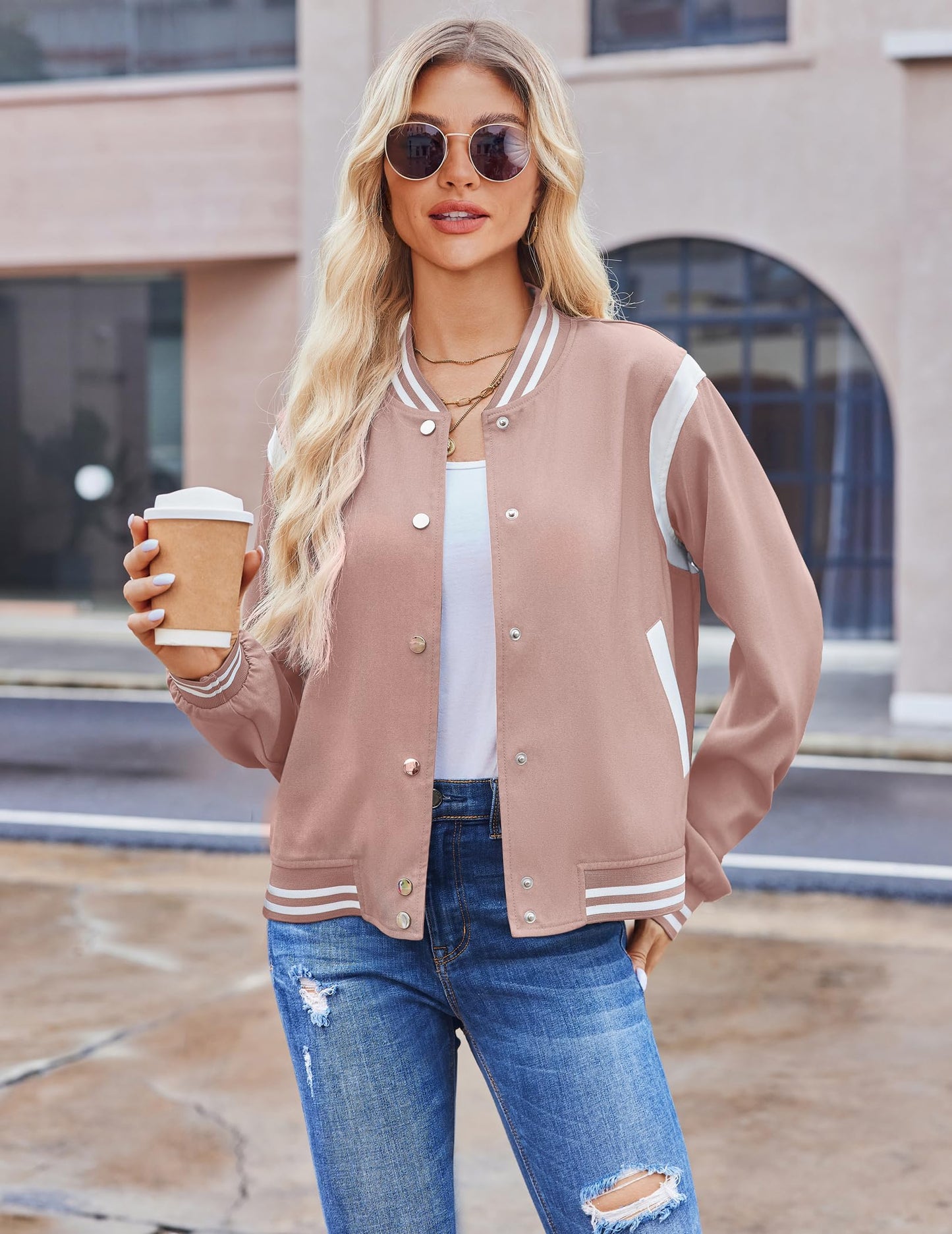 Zeagoo Varsity Bomber Jacket Women 2025 Fall Fashion Casual Trendy Lightweight Coats Loose School Outerwear with Pockets Pink