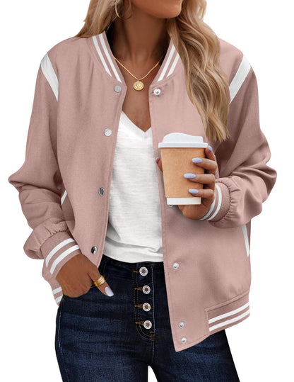 Zeagoo Varsity Bomber Jacket Women 2025 Fall Fashion Casual Trendy Lightweight Coats Loose School Outerwear with Pockets Pink