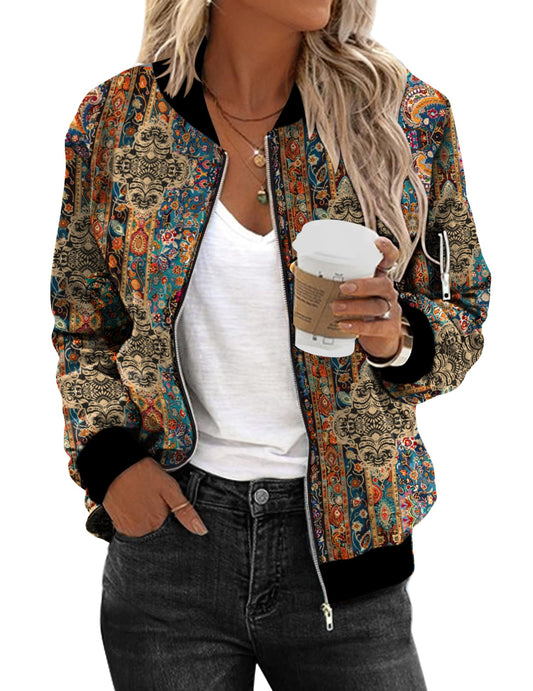 Zeagoo Women's Boho Bomber Jacket Lightweight Fall Zip Front Fashion Outerwear for Concert