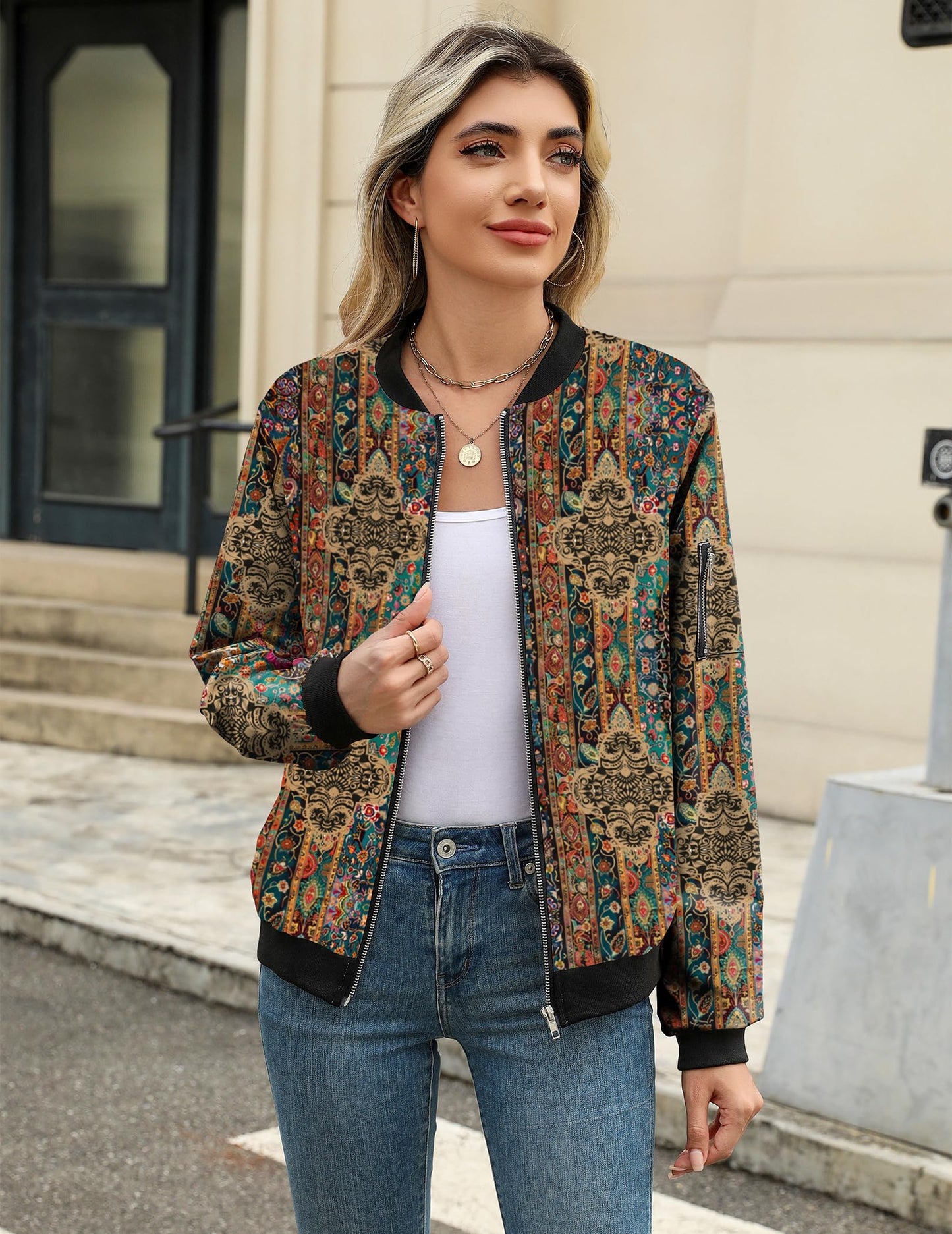 Zeagoo Women's Boho Bomber Jacket Lightweight Fall Zip Front Fashion Outerwear for Concert