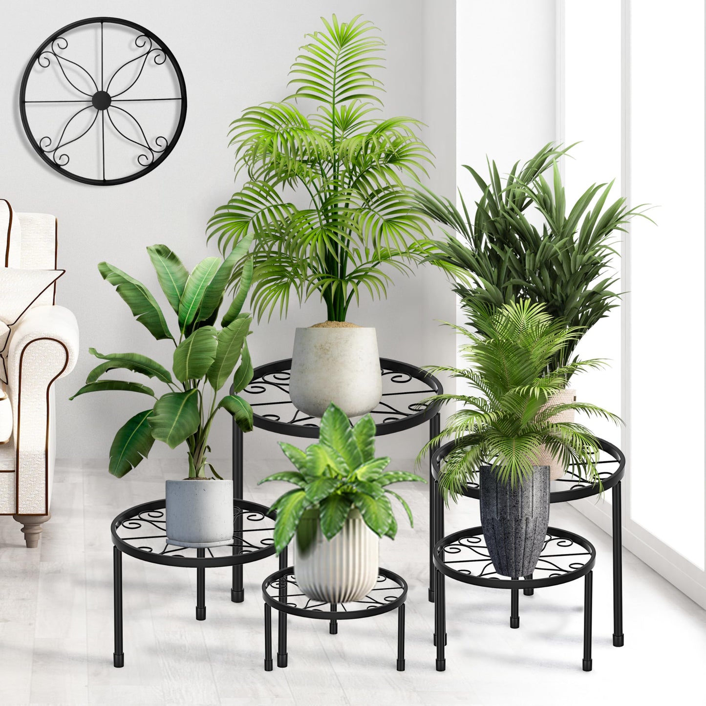 CADANI 5-Pack Metal Plant Stands for Outdoor Indoor, Anti-Rust Iron Flower Pot Stand, Heavy Duty Plant Pot Shelf for Multiple Plant, Decoration Racks for Home, Patio & Garden
